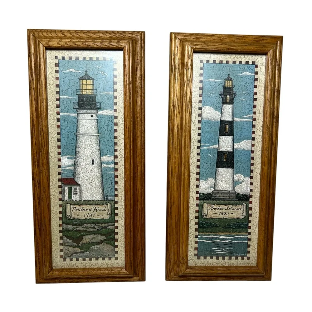 2 VTG Jay Zinn Crinkled Bodie Island -Portland Head Lighthouse Prints Wood Frame